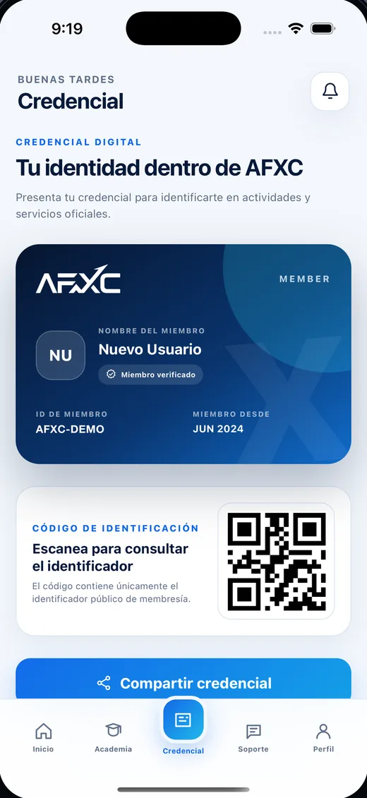 AFXC Connect: pantalla Credencial