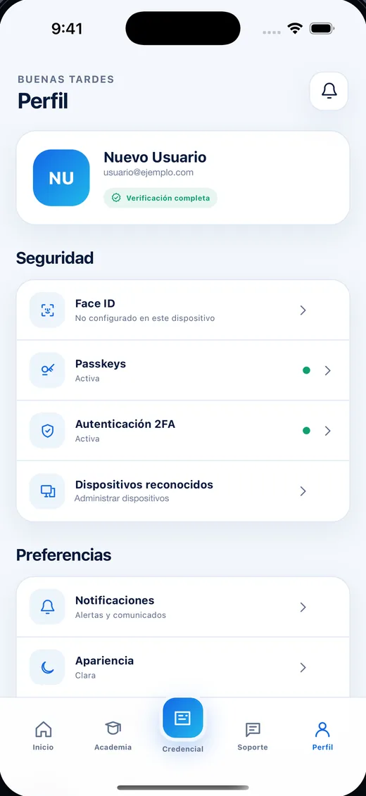 AFXC Connect: pantalla Perfil