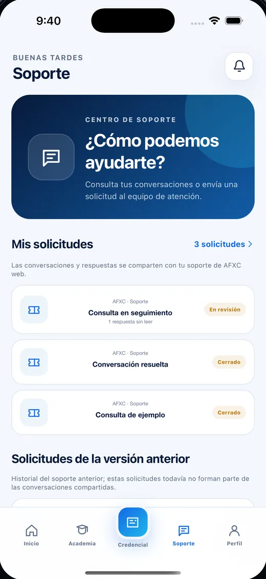 AFXC Connect: pantalla Soporte